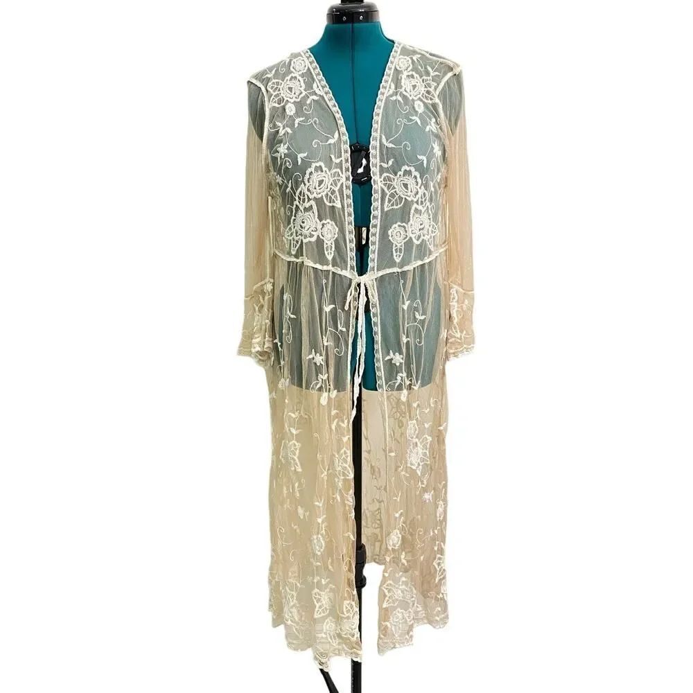 Francesca's Lace Boho Long Kimono Short Sleeves Front Tie Victorian Size XL